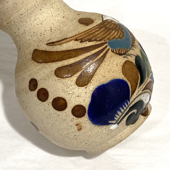 Tonala Mexican pottery bud vase stoneware bird feathers brown cobalt signed - Picture 7 of 8